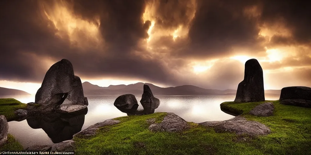 Image similar to amazing landscape photo of megalithic monolithic statue with lake at sunise by Marc Adamus beautiful dramatic lighting, surrealism