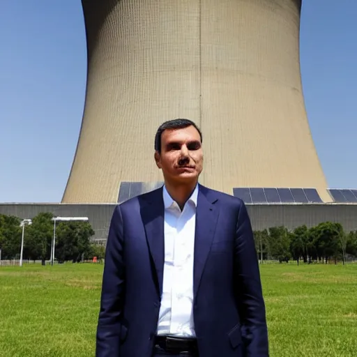 Image similar to the president of spain pedro sanchez sitting in a cooling tower of a nuclear power plant