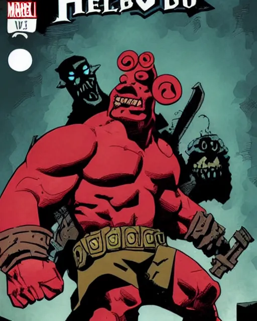 Prompt: hellboy vs diablo, facing each other, comix cover by mike mignola, graphic