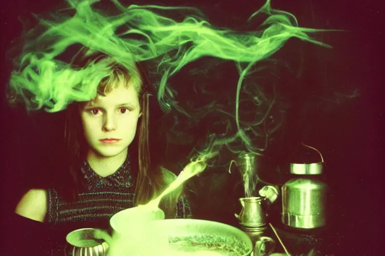 Image similar to polaroid 1 9 8 0's photo, close up portrait, dramatic lighting, concentration, calm confident teen witch and her cat mixing a spell in a cauldron, a little smoke fills the air, a witch hat and cape, a little green smoke is coming out of the cauldron, ingredients on the table, apothecary shelves in the background, still from harry potter