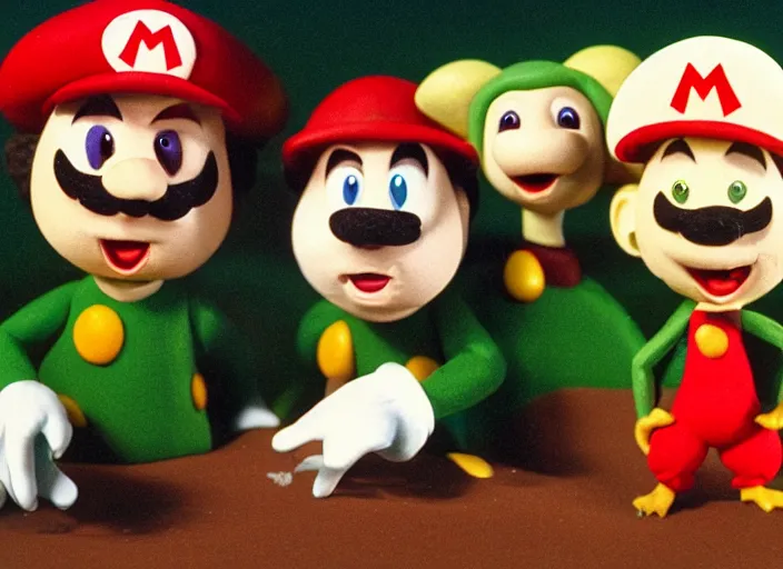 Image similar to still from a 1 9 8 5 live - action stop - motion puppetry tv show by tim burton starring the mario bros. and bowser and princess toadstool and toad and mario's enemies in dioramas of the mushroom kingdom. everything is made of plasticine, fabric, and physical materials. photographic ; cute ; highly - detailed.