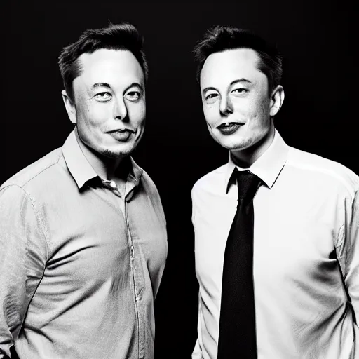 Image similar to A portrait photo of Elon Musk teams up with a teenage Elon Musk, perfect faces, 50 mm, award winning photography