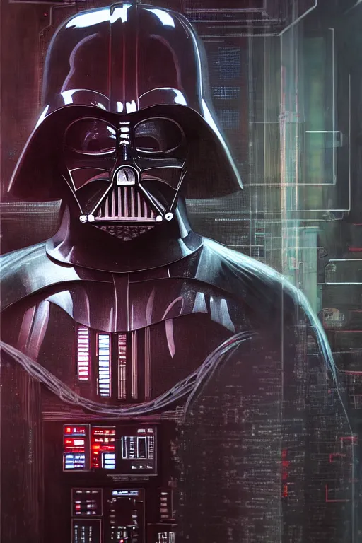 Prompt: hyperrealist cyberpunk portrait of darth vader, it is decorated with long computer wires and computer monitors in the cyberpunk office background. by jeremy mann and alphonse mucha, fantasy art, photo realistic, dynamic lighting, artstation, poster, volumetric lighting, very detailed faces, 4 k, award winning