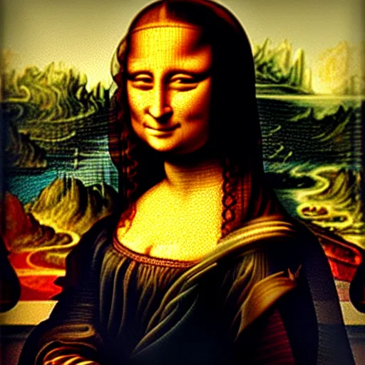Prompt: mona lisa but she steal the painting