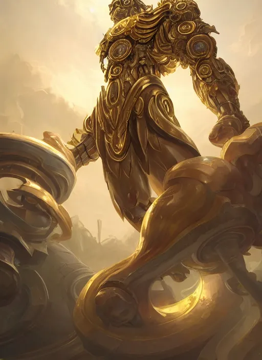 Image similar to a highly detailed illustration of gentle colossal golden greek mechanical giant, with cute doting eyes, intricate, elegant, highly detailed, centered, digital painting, artstation, concept art, smooth, sharp focus, league of legends concept art, wlop.