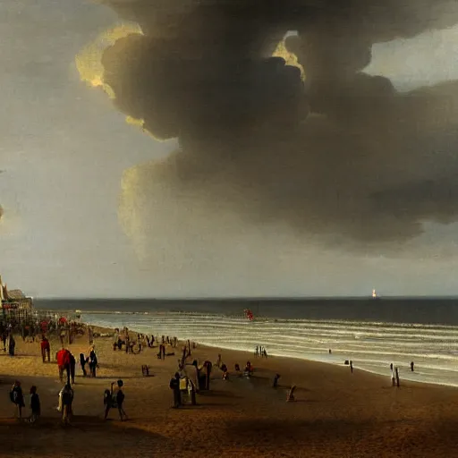 Prompt: painting of Scheveningen beach in a thunderstorm, dramatic