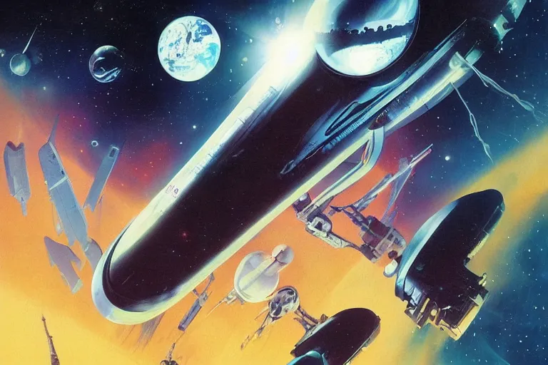 Image similar to spaceship exploration, art by william rotsler and joe jusko and peter andrew jones, trending on artstation, front lighting, 2 0 0 1 : a space odyssey, multiple exposure, scifi, tachism