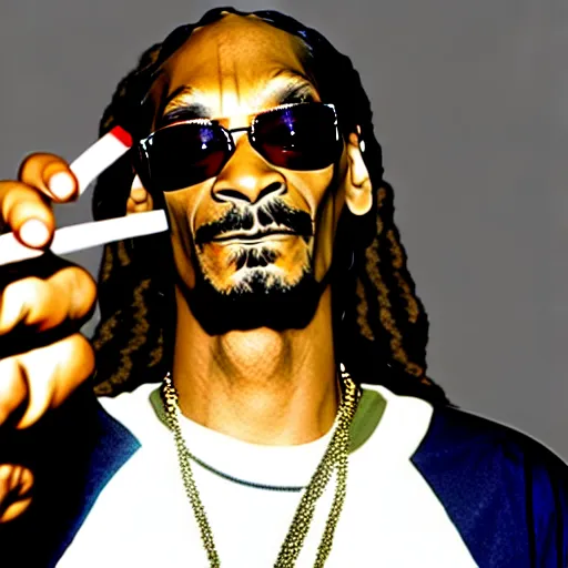 Image similar to Snoop Dog with big eyes eye color red , smiling and holding a joint in his hand