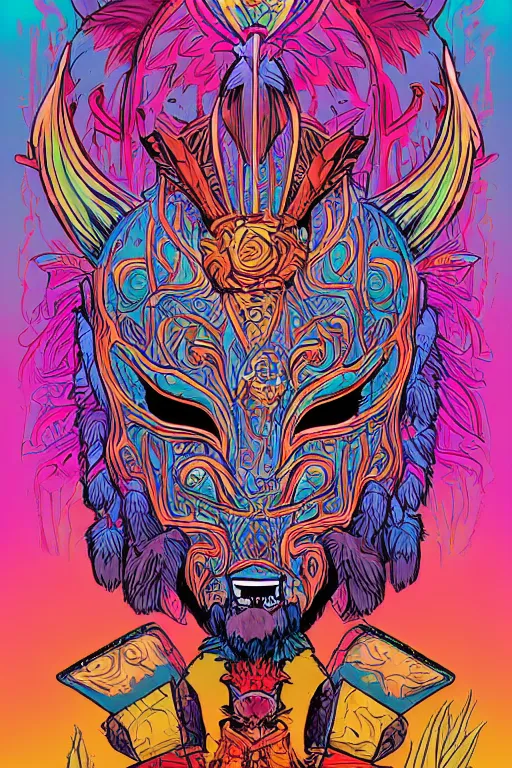 Image similar to animal mask totem roots flower tribal feather gemstone plant wood rock shaman vodoo video game vector cutout illustration vivid multicolor borderlands comics by josan gonzales and dan mumford radiating a glowing aura