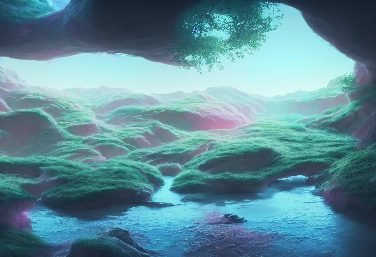 Prompt: inside of alien river summer pastel colored landscape of human mind and imagination, matte painting, beautiful render, octane render, concept art