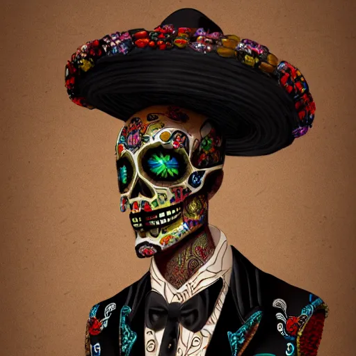 Image similar to Exquisitely dressed calavera mariachi with a intricate Sombrero portrait, 8K resolution, digital art, hyper realistic, intricately detailed, Trending on Artstation, award winning image