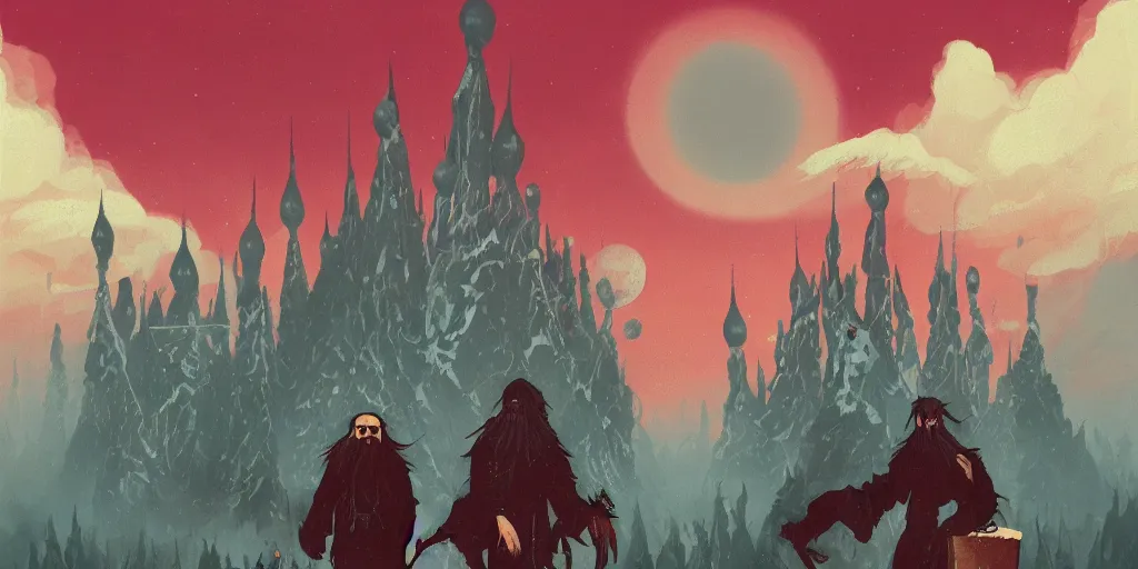 Image similar to Grigori Rasputin traveling through a beautiful Soviet world, horror, illustrated by Anato Finnstark and Hayao Miyazaki, trending on artstation