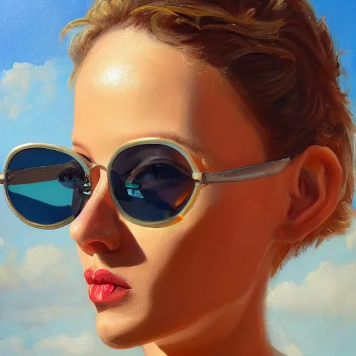 Prompt: a character in big sunglasses, oil painting, pale colors, high detail, 8 k, wide angle, trending on artstation,