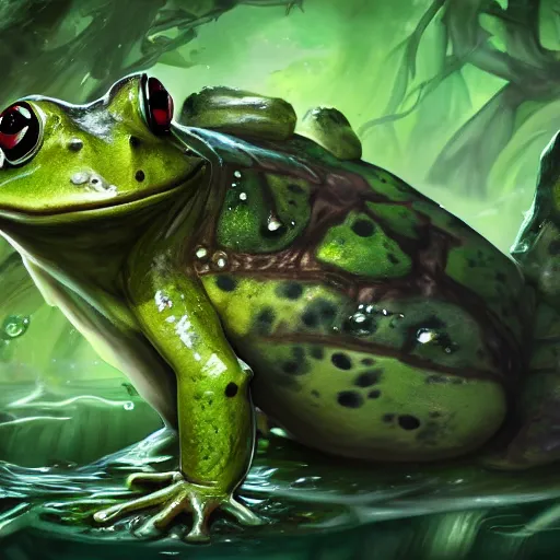 Image similar to beatiful art league of legends splash art of a frog in a swamp