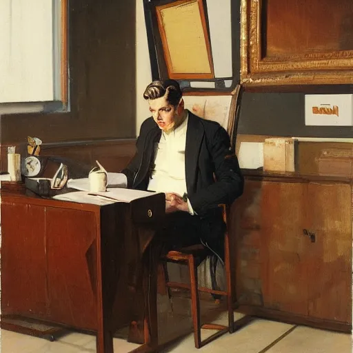 Image similar to man in desk with coffee and black suit by leyendecker and dean cornwell, 8 feet from the camera, 6 0 ´ s furniture