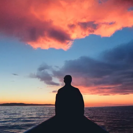 Prompt: man sitting on the wing of sea plane watching beautiful sunset peaceful serene ocean pretty pink orange skies slightly cloudy 36mm photo