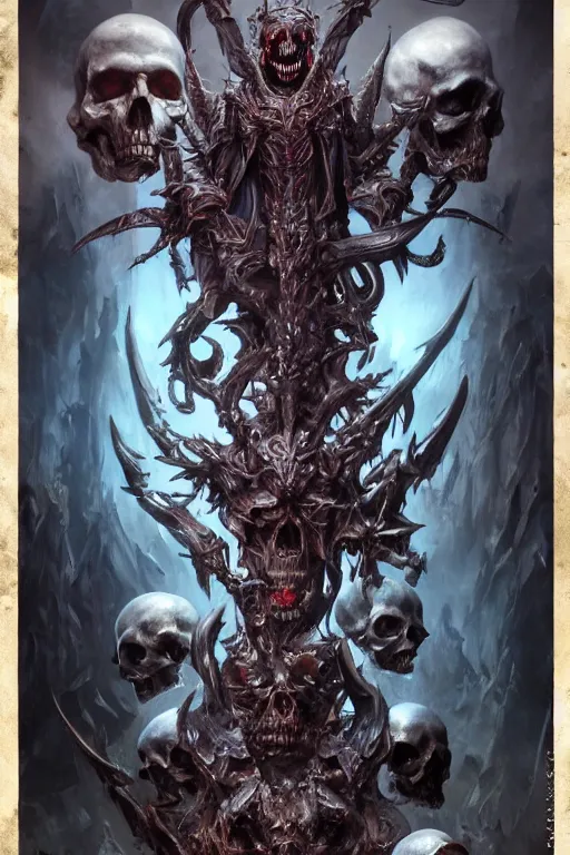 Image similar to death lord stand on skulls, highly detailed, d & d, fantasy, highly detailed, digital painting, trending on artstation, concept art, sharp focus, illustration, global illumination, ray tracing, realistic shaded, art by artgerm and greg rutkowski and fuji choko and viktoria gavrilenko and hoang lap,