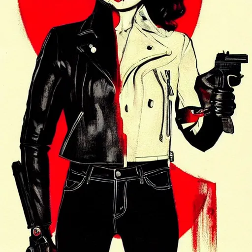 Prompt: Rafael Albuquerque art, Norman Rockwell, pretty Margot Robbie vampire sharp teeth evil smile, holding handgun, symmetrical face symmetrical eyes, leather jacket, jeans