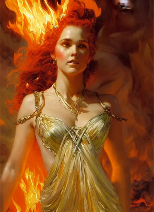 Image similar to young celtic woman, goddess of fire, flowing gown, smug expression, highly detailed painting by gaston bussiere, craig mullins, j. c. leyendecker 8 k full length