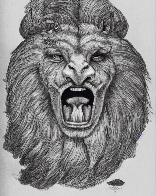 Image similar to a creature with the body and eyes of a man, beak of an eagle instead of the nose, the mane of a lion, two horns of an ox on the head. drawn by miura kentaro