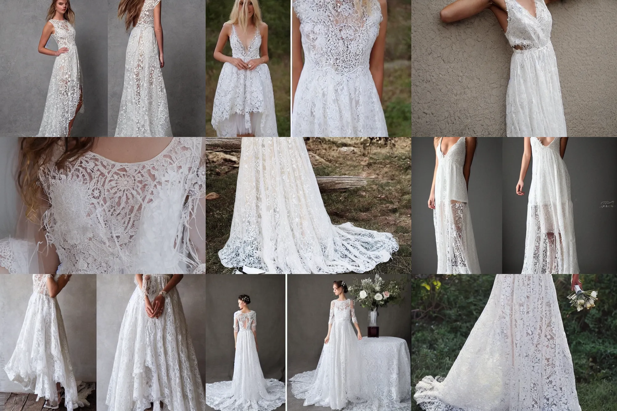 Prompt: a beautiful high low dress, wedding dress, bohemian, detailed lacework, lace dress, romantic dress, white and silver, floral lacework