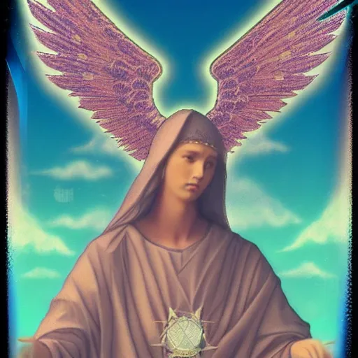 Image similar to hyper realistic biblically accurate seraphim Polaroid vaporwave