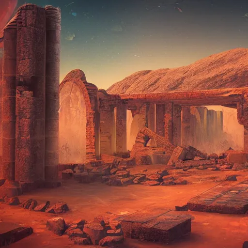 Prompt: ancient ruins in mars, retrowave epic art, trending in art station