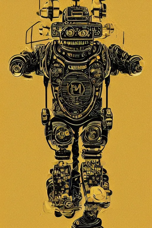 Image similar to a study of cell shaded Vector illustration of a cyborg robot fu manchu buddha dancing , golden ratio, post grunge screen print poster, character concept art by Miles Tsang, highly detailed, sharp focus, motherboard, Artstation, deviantart, artgem