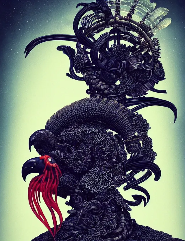 Image similar to prometheus engineer close - up profile portrait with ram skull. beautiful intricately detailed japanese crow kitsune mask and clasical japanese kimono. betta fish, jellyfish phoenix, bio luminescent, plasma, ice, water, wind, creature, artwork by tooth wu and wlop and beeple and greg rutkowski