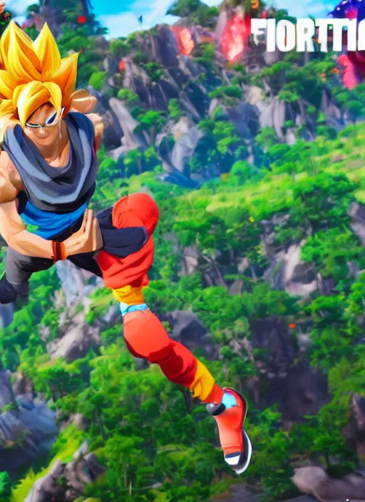 Image similar to game still of a sayan goku as a fortnite skin in fortnite by fortnite, pose.