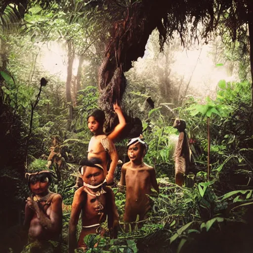 Prompt: aerial realistic expired fuji film photograph of india tribe in jungle with strange creatures