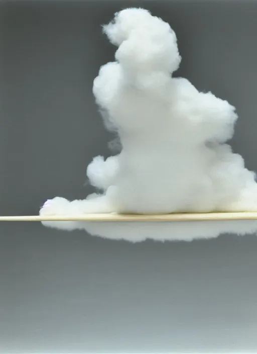 Image similar to realistic photo of a scientific model of white cloud made of white clay, mounted to a wooden stick, front view 1 9 9 0, life magazine reportage photo, metropolitan museum photo