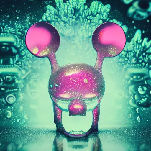 Image similar to counterfeit mickey mouse head, fractal, broken, psychedelic dystopia, wet, mycelium, radiant alien, rococo, baroque, automotive, bio-mechanical, porcelain, iridescent, sub surface scattering, octane render