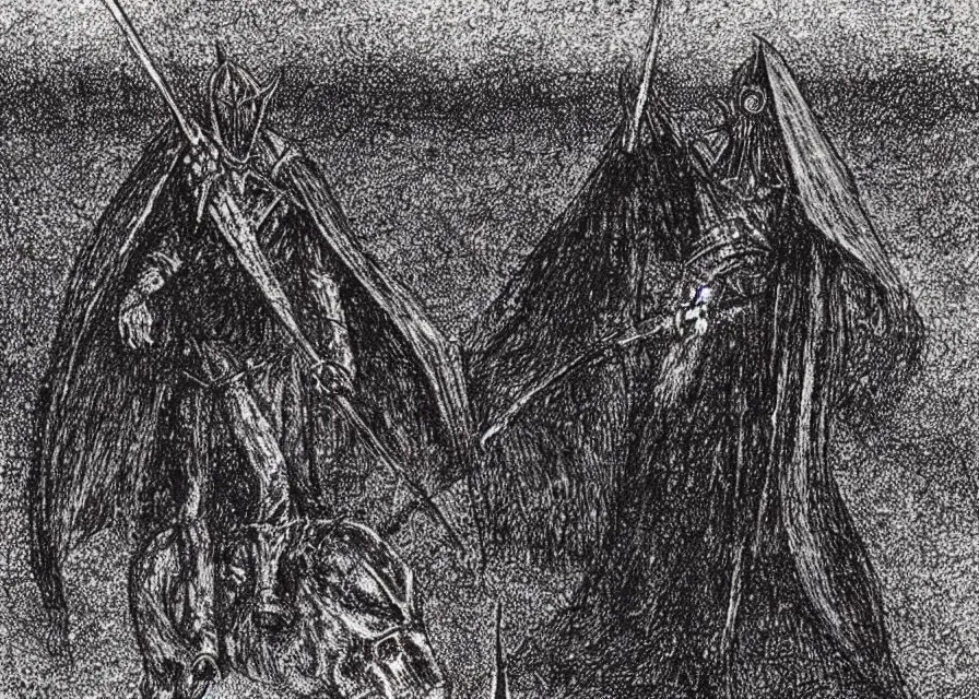 Prompt: the witch king of angmar rides upon black wings, by georges seurat