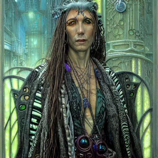 Prompt: a closeup portrait photograph of an art nouveau cyberpunk shaman by ted nasmith, luis royo and brom