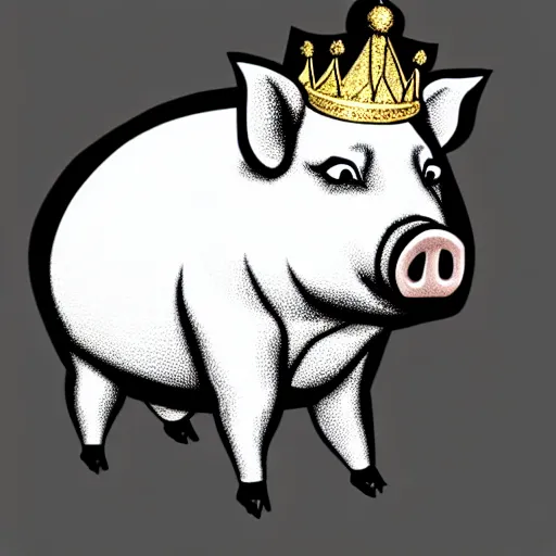Image similar to standing pig wearing a gold crown on it's head black and white illustration concept art in the style of Arthur Adams, full body 8k