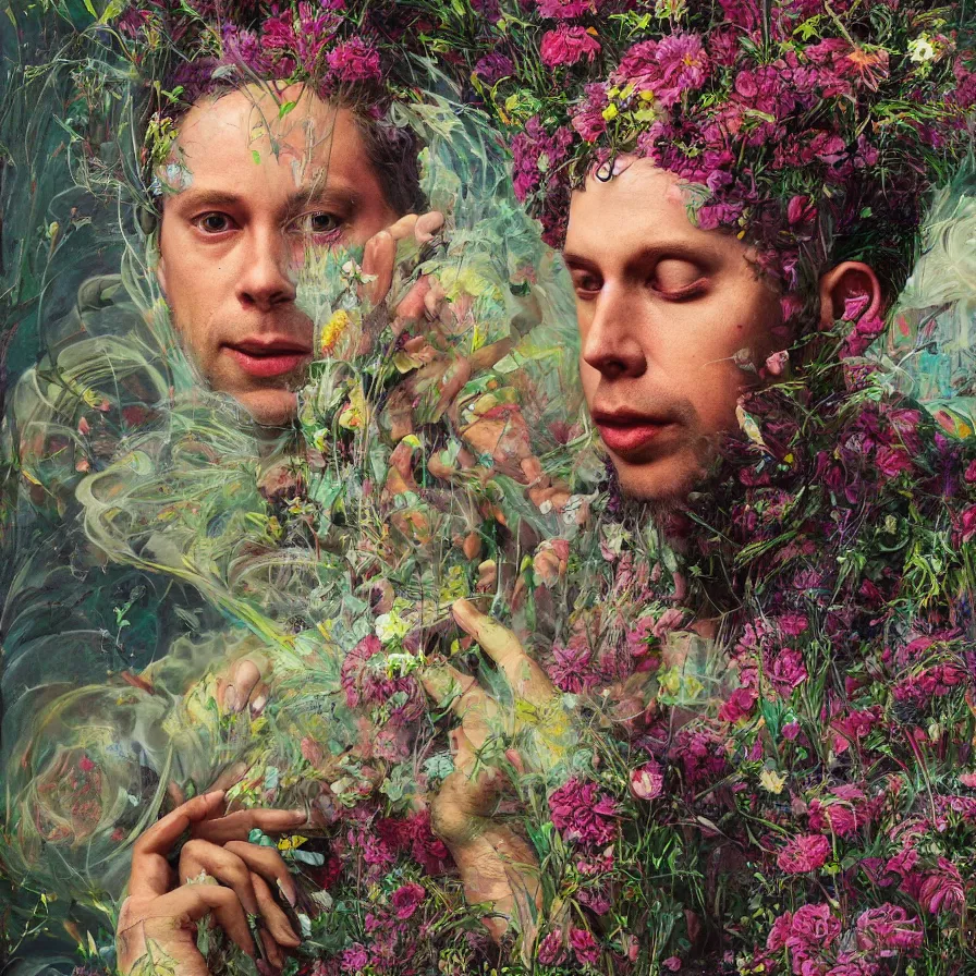 Image similar to male portrait of todd solondz tripping on dmt and becoming god, surrounded by flowers by francis bacon, karol bak, james jean, tom bagshaw, rococo, trending on artstation, cinematic lighting, hyper realism, dramatic, emotional, octane render, 8 k, hyper detailed.