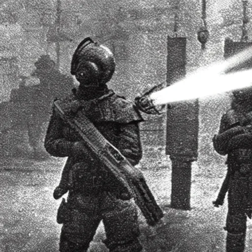 Prompt: grainy 1800s photo of a cybernetic warriors shooting humans with laser weapons in a smoky city