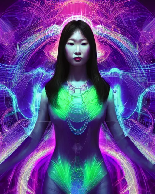 Prompt: a powerful energy psychedelic matrix asian woman, by alexander fedosav, hyper detailed digital matte painting, concept art, hyperrealism, 1 6 k resolution, cinema 4 d, 8 k resolution, trending on artstation, behance hd, a masterpiece, by stephan martiniere, particles, cel - shaded, power bright neon energy, by david a. hardy