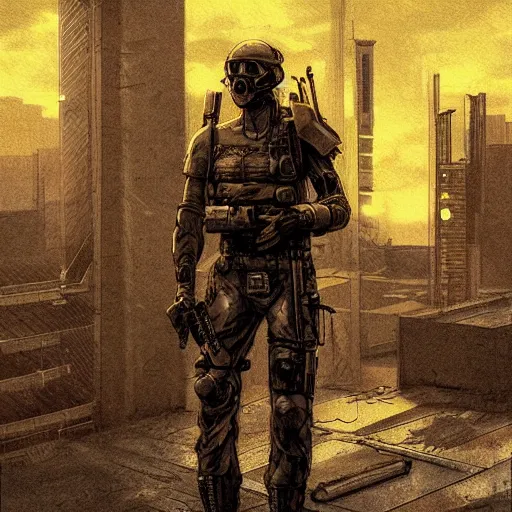 Image similar to cyberpunk soldier in tactical gear with a rifle, Industrial Scifi, detailed illustration, Chiaroscuro, concept art, by Martin Grip and Moebius