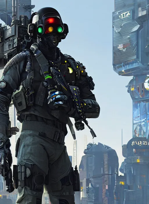 Prompt: Javier. USN special forces futuristic recon operator, cyberpunk military hazmat exo-suit, on patrol in the Australian autonomous zone, deserted city skyline. 2087. Concept art by James Gurney and Alphonso Mucha. (Black ops, Cyberpunk 2077, eon flux, Titanfall, Apex Legends, Blade runner 2049, rb6s