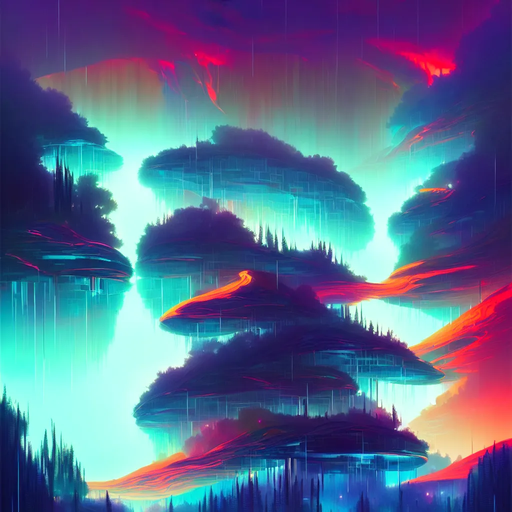 Image similar to a data-center, connector, firewall, security, river, trees, thunderstorm, trending on Artstation, painting by Jules Julien, Leslie David and Lisa Frank and Peter Mohrbacher and Alena Aenami and Dave LaChapelle muted colors with minimalism