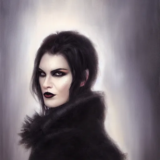 Prompt: furious dark haired women, portrait by tyler jacobson, steve argyle, wearing black coat, black makeup, ice mage, shooting ice, oil painting,, fantasy artwork, fantastic artwork, 4 k, trending on artstation