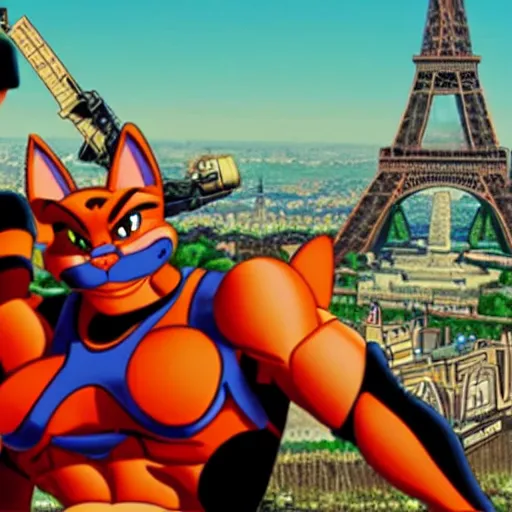 Image similar to swat kats of tbone and razor, in their plane, with eiffel tower visible in background, extremely detailed, imax movie still