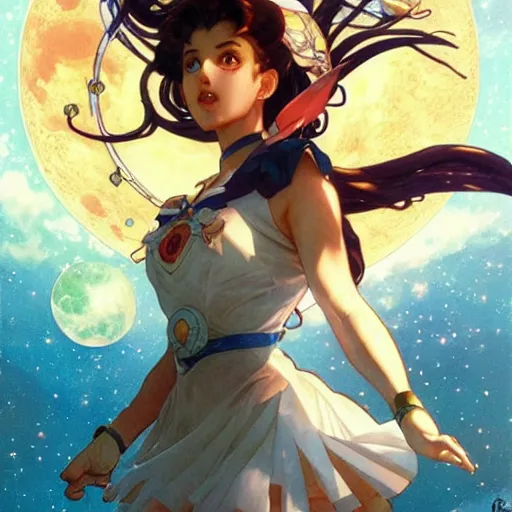 Image similar to Sailor Moon jumping accross the Moon, nature unity, planets align, clear sky high detail, high detail face, art by artgerm and greg rutkowski and alphonse mucha