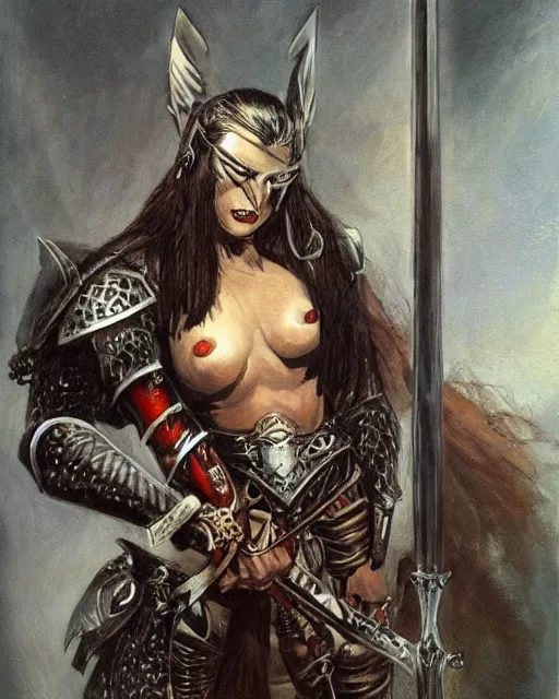 Image similar to portrait of a waifish goth wearing armor and holding sword by frank fazetta, fantasy, barbarian