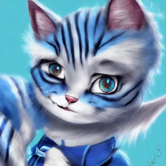 Image similar to cute blue striped cat of cheshire from alice in wonderland. an adorable cat with light blue stripes and a big playful human - like smile. award - winning digital art, trending on artstation