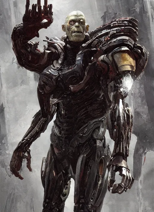 Image similar to willem dafoe as victor stone, full body concept, cyborg, borg, strogg, face of a man, terminator, flesh, quake strogg, doom demon, wolfenstein, monstrous, symmetry, symmetrical, concept art by ruan jia and greg rutkowski