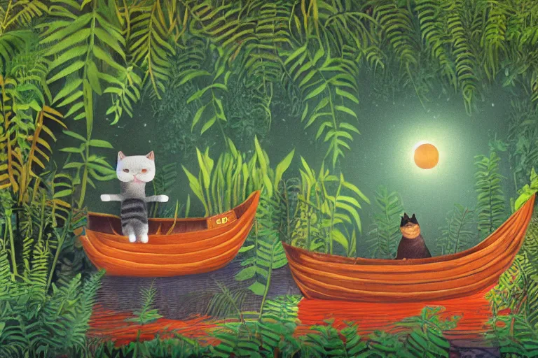 Prompt: cat in a boat, ferns, jungle, night, stars, highly detailed, unreal engine render concept art, style of henri rousseau and richard scarry and hiroshi yoshida and etel adnan and howard arkley