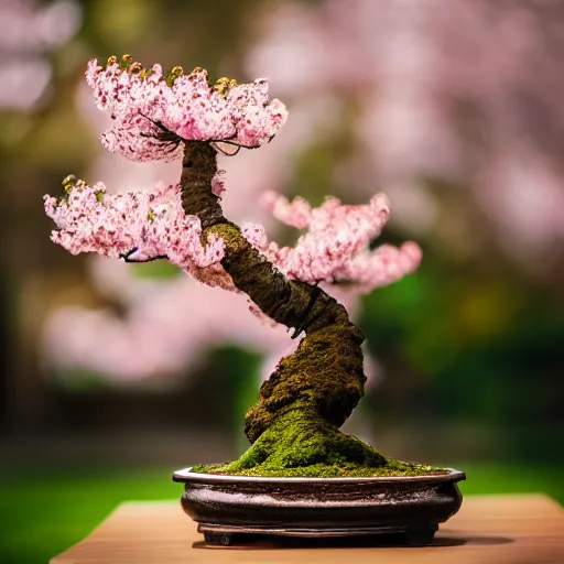 Prompt: photo of a cherry blossom bonsai tree, bokeh, beautiful, cinematic, high detail, amazing,